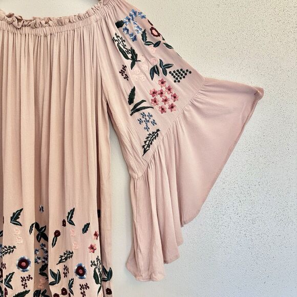 Altar'd State Women's Dusty Rose Gauze Dress Embroidered Off Shoulder Small - Picture 3 of 13
